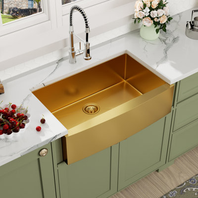 Popity Home 30 Inch Gold Flat Apron-Front Undermount Drop In Farm